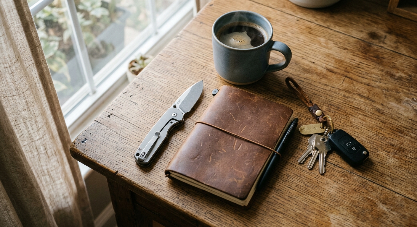 Slim EDC folding knife on a desk beside a notebook and coffee mug