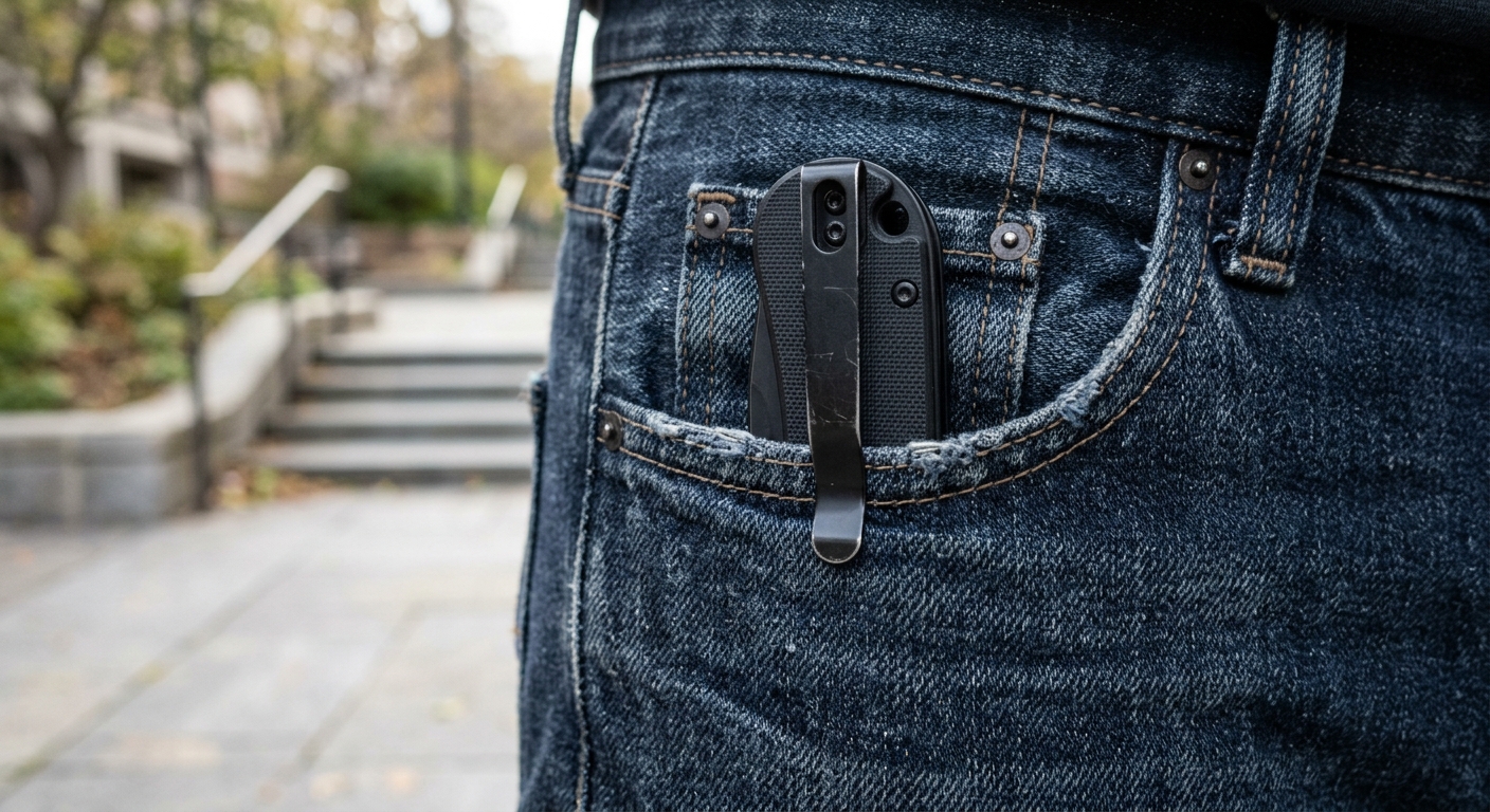 Folded EDC knife clipped inside a jeans pocket