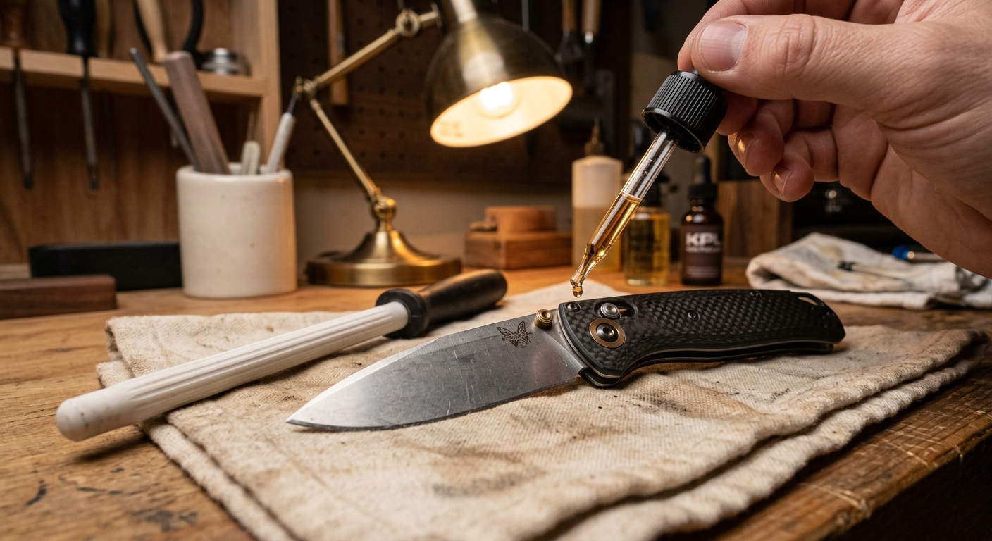 Oiling the pivot of an EDC folding knife next to a ceramic sharpening rod